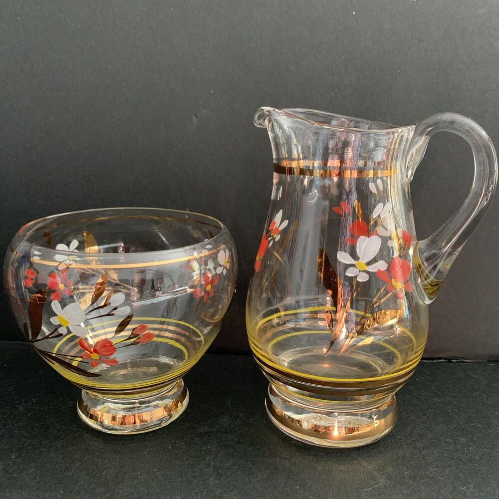 Sugar and Creamer Set Painted Vintage